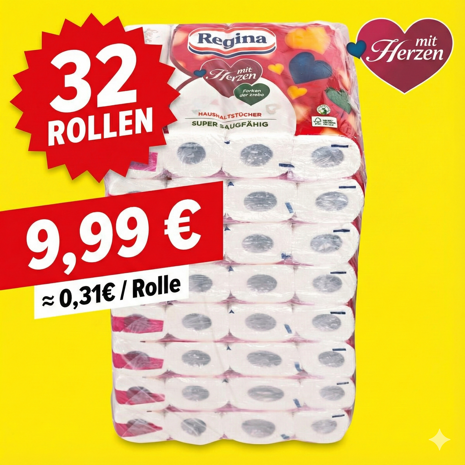 Gemini_Generated_Image_vtfru6vtfru6vtfr Regina mit Herzen Haushaltstücher - 32 Rollen-Packung (8 x 4 Einzelpackungen), 43 Blatt 3-Lagig, Super Saugfähig, Dick, Beständig, FSC Papier – Bild 1